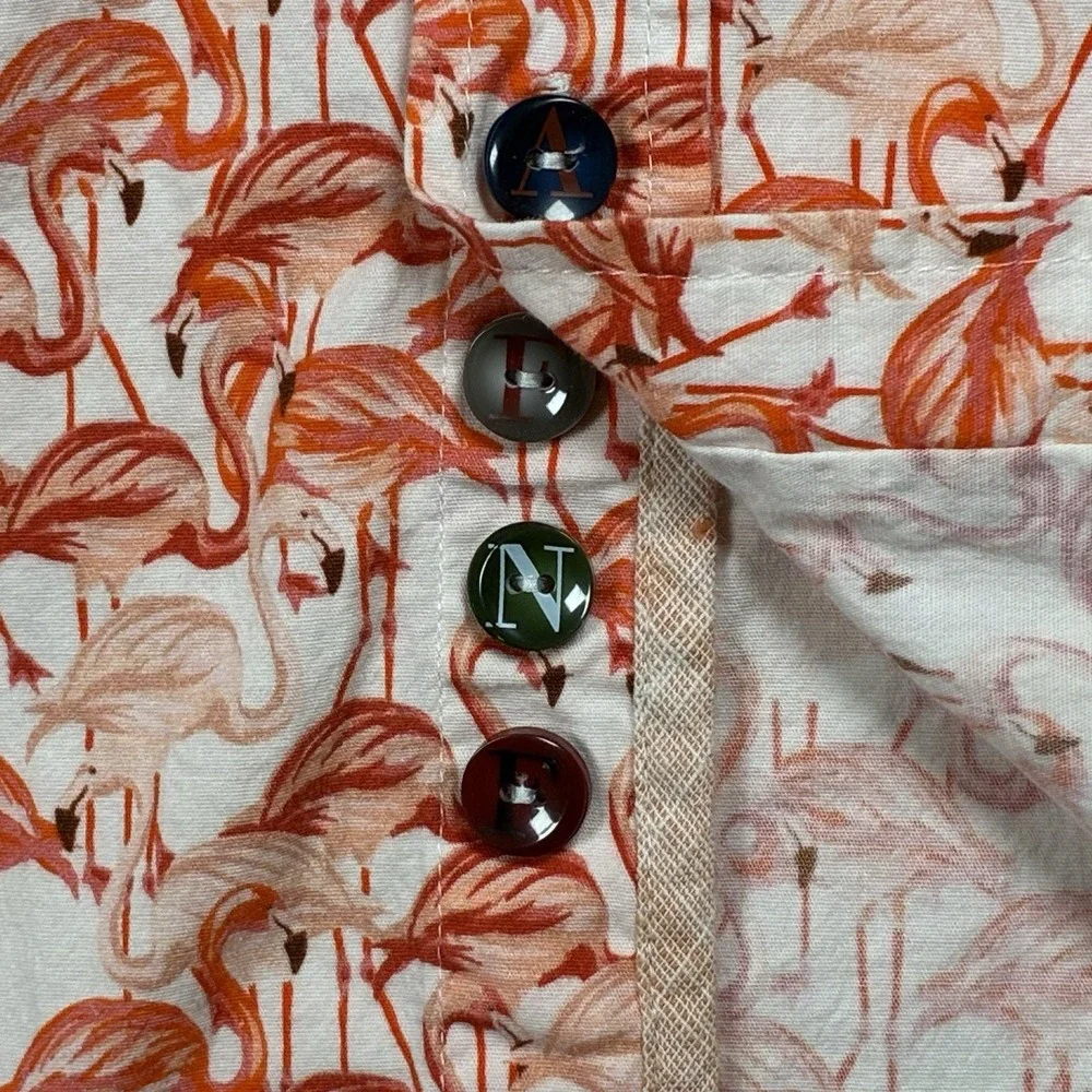 A Fish Named Fred Mens L Pink Flamingo AOP Short Sleeve Stretch Button Up Shirt